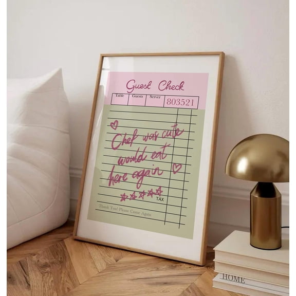 Guest Check Print, Trendy Chef Was Cute Would Eat Here Again Wall Art, Retro Kitchen Poster, Dining Room Print, Green Pink Guest Check Art Unframed Paper Print