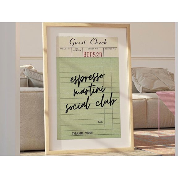 Guest Check Prints Trendy Receipt Wall Art Espresso Martinis Bar Cart Social Club Decor Wall Art Bar Cart Wall Art Gallery Wall Art Funky Wall Art, Modern Wall Decor, 8x12 UNFRAMED