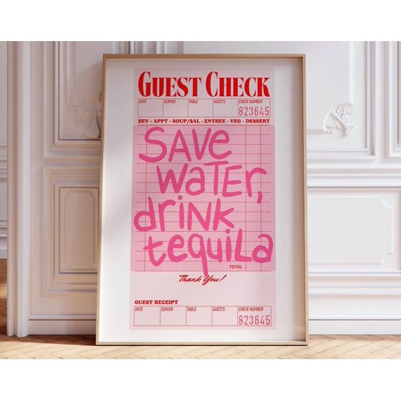Guest Check Wall Art Dorm Room Decor Aesthetic Bar Cart Art Print, Pink Wall Art Trendy Guest Check Print Apartment Decor Funky Home Decor Wall Art, Modern Wall Decor, 8x12 UNFRAMED