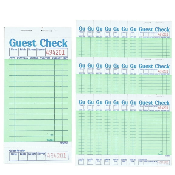 Guest Checks Server Note Pads 24 Pack 1200 Orders, Green Guest Check Pads with Bottom Receipt, Waitress Notepad for Restaurant Business