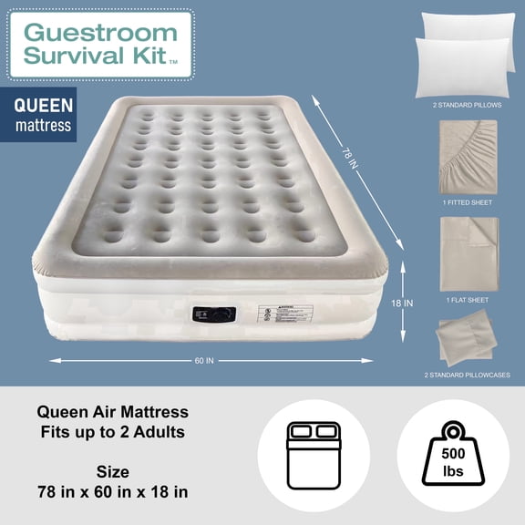 Guestroom Survival Kit 18 in Storage Air Beds with Built-in Pump, Queen