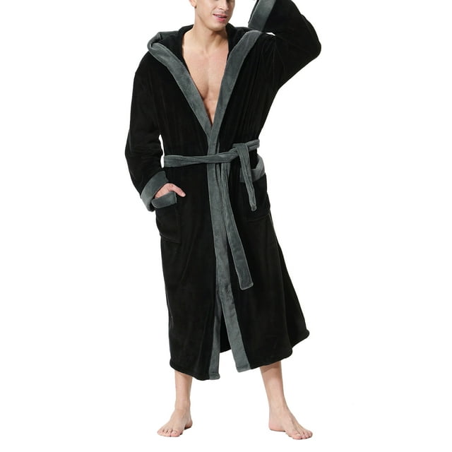 Gueuusu Mens Fleece Hooded Robe,Super Soft Plush Bathrobes Fuzzy Winter