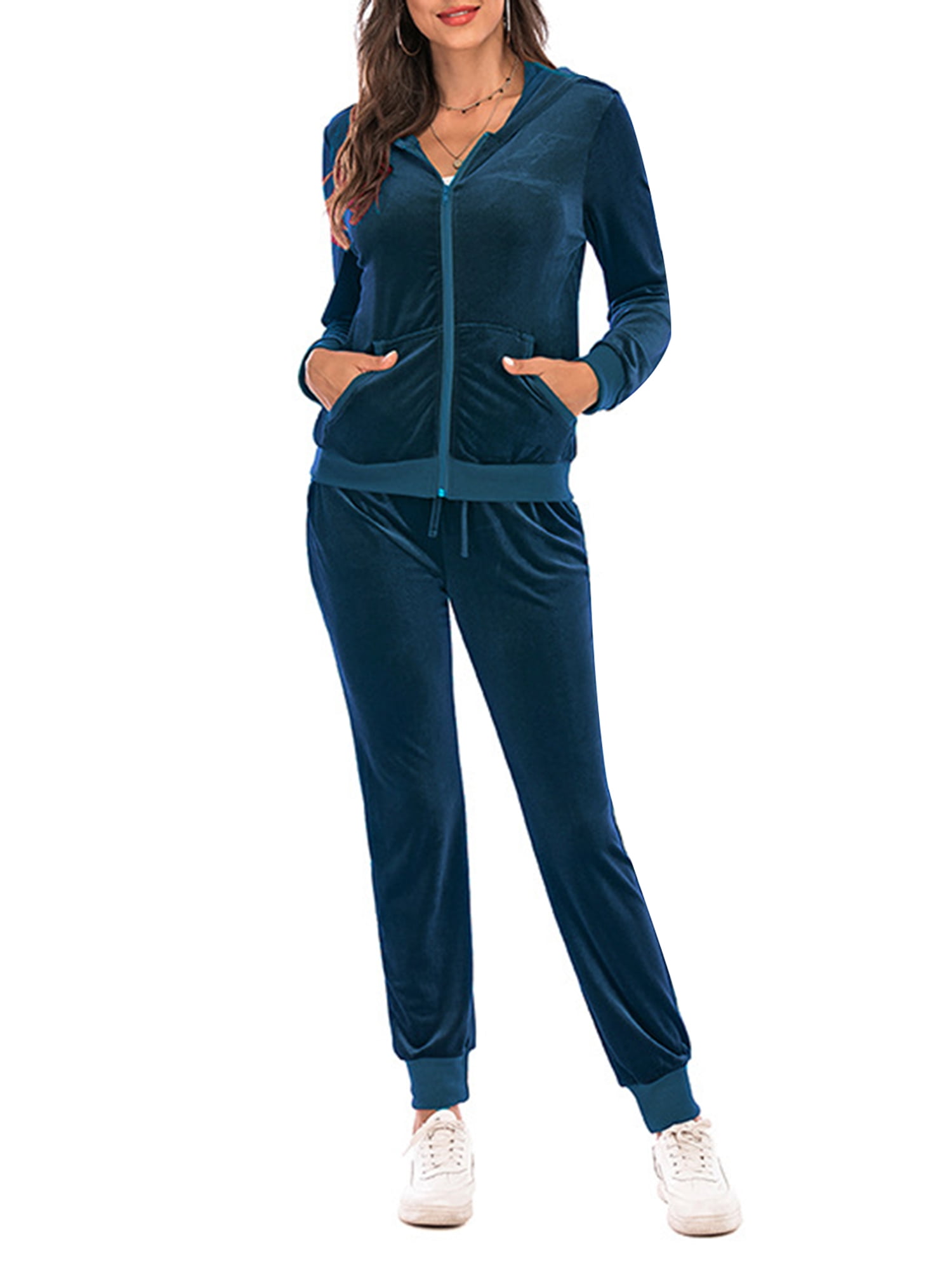 Gueuusu Women's 2 Piece Tracksuit Sets Velvet Velour Zip Up Hooded