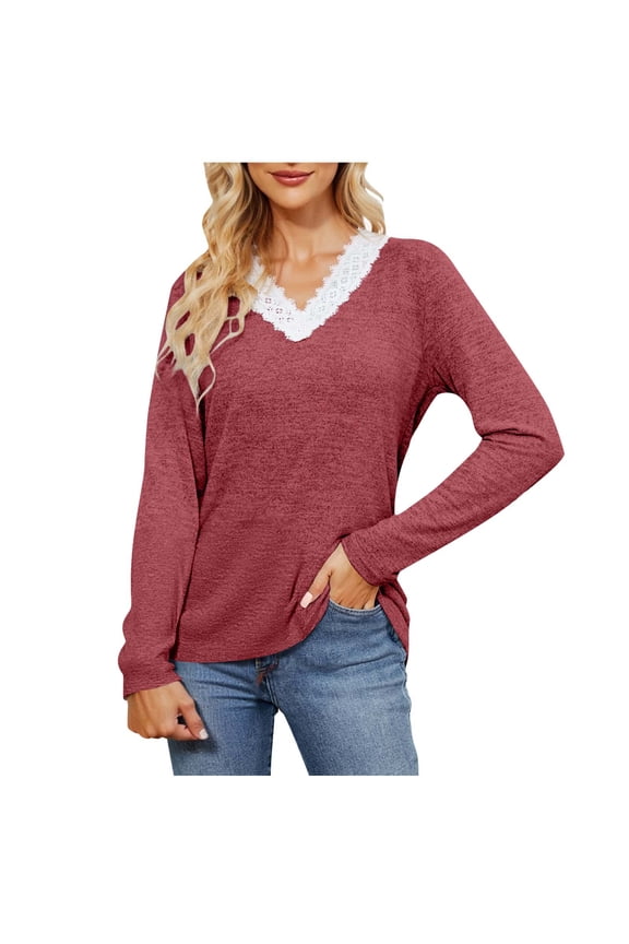 Long Sleeve Shirts for Women Lace V Neck Womens Tops Fall Fashion Clothes Casual Tees Teacher Spring Outfits, Gifts for Women
