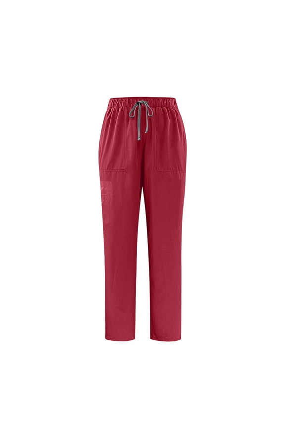 Man's Full Length Pants Sizes XS-XXL Solid Color Straight Barrel Draw Rope Elastic Waist Multiple Pockets Nursing Worker, Gifts for Family, Red