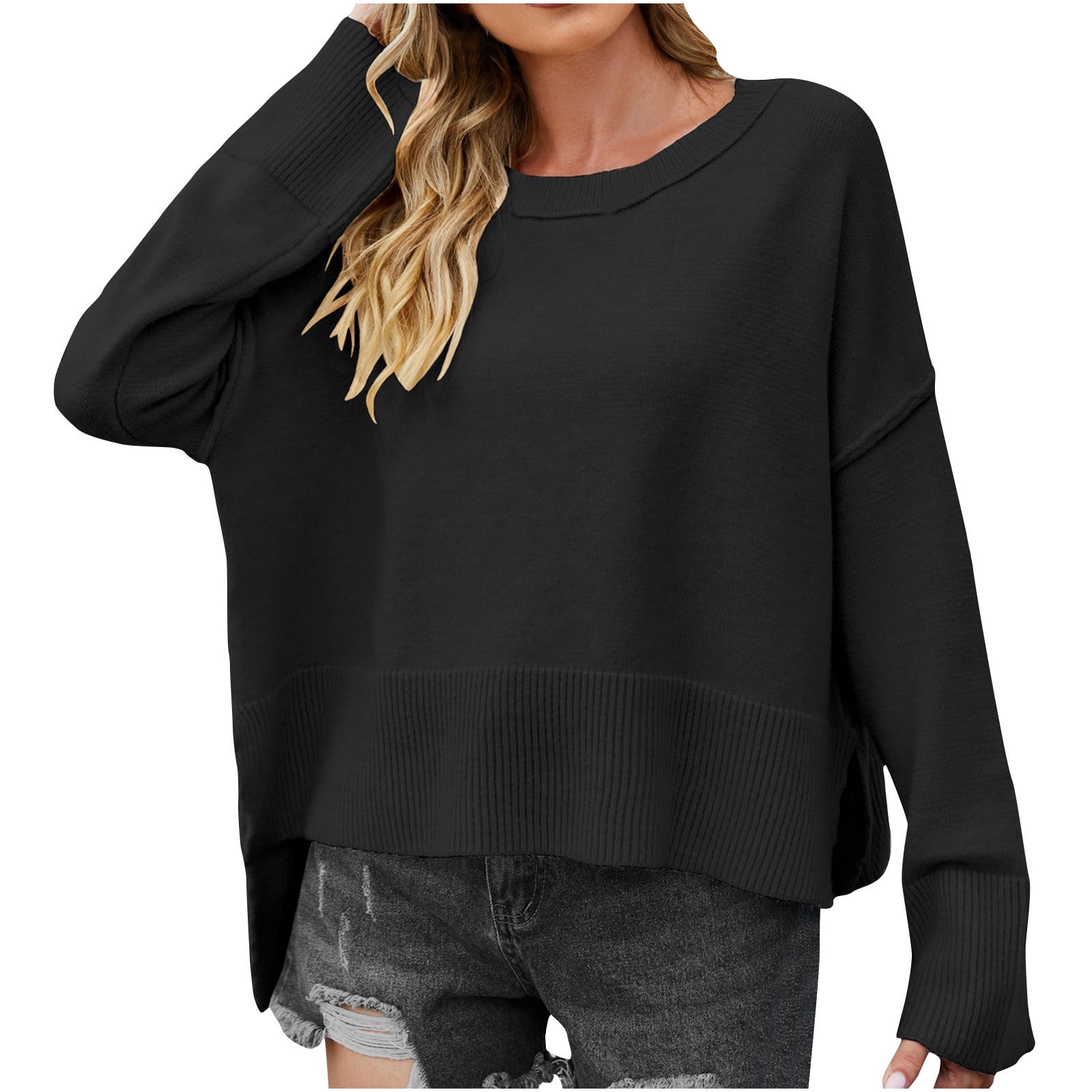Amkhujs Oversized Sweaters for Women Long Sleeve Crewneck Knitted Sweaters Pullover Womens Tops Side Slit Spring Outfits Fall Fashion Clothing, Gifts for Women