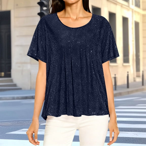 Gufahion Short Sleeve Shirts for Women Pleated Front Crewneck T-Shirts Dressy Casual Blouses Sequin Tops Summer Fashion Outfits