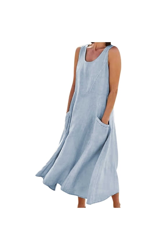 Summer Dress for Women Sundresses Women's Sizes 20-20 Fashion Casual Solid Color Sleeveless Cotton Linen Long Round-Neck Young Adult Dresses, Blue, Gifts for Friend
