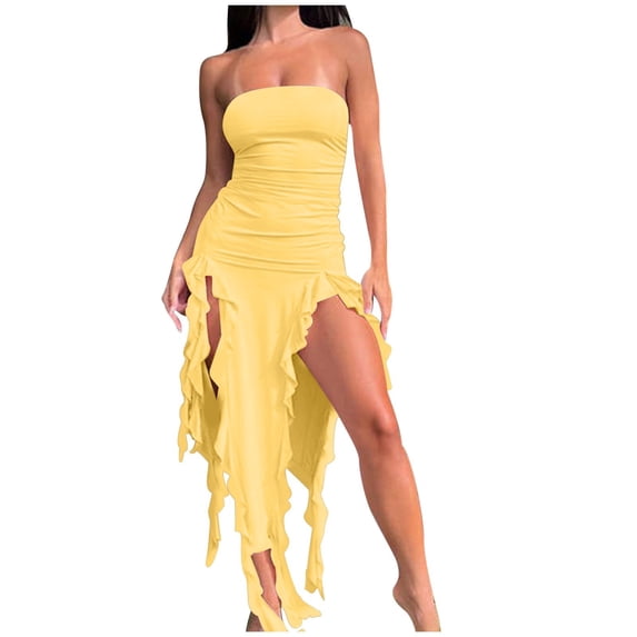 Gufahion Summer Dress for Women Sundresses Women's Sizes 4-8 Spring/Summer Fashion Personality Wrapped Chest Irregular Sleeveless Off-The-Shoulder Young Adult Dresses, Yellow, Gifts for Her