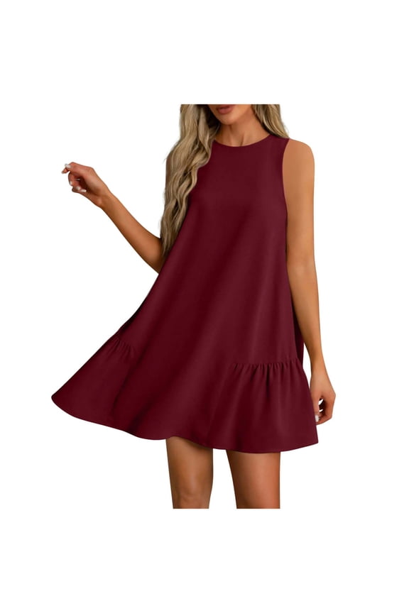 Summer Women Dresses Sundresses for Sizes S-XXL Solid Color Round Neck Sleeveless with Button Down Hem and Pleated Dress at The Back Young Adult, Red, Gifts for Family