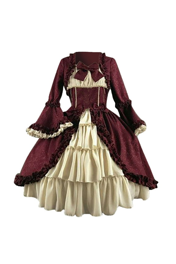 Summer Women Dresses Sundresses for Sizes S-XXXXXL Fashion Vintage Gothic Court Collar Patchwork Bow Long Sleeve Dress Formal Young Adult, Red, Gifts for Friend