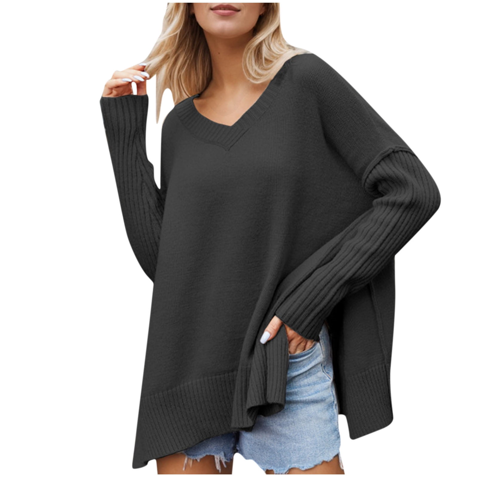 Gufahion Sweaters for Women Long Sleeve V Neck Oversized Knitted Sweaters Side Slit Pullover Womens Tops Fall Fashion Clothing, Gifts for Women