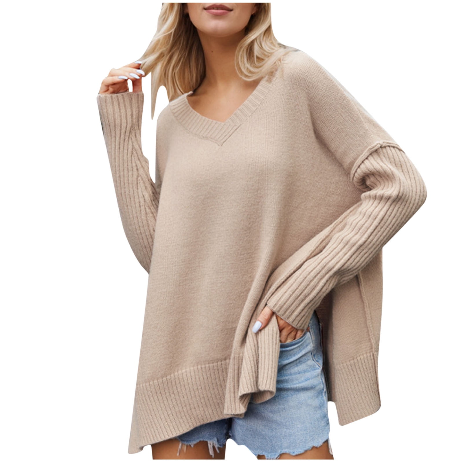 Gufahion Sweaters for Women Long Sleeve V Neck Oversized Knitted Sweaters Side Slit Pullover Womens Tops Fall Fashion Clothing, Gifts for Women