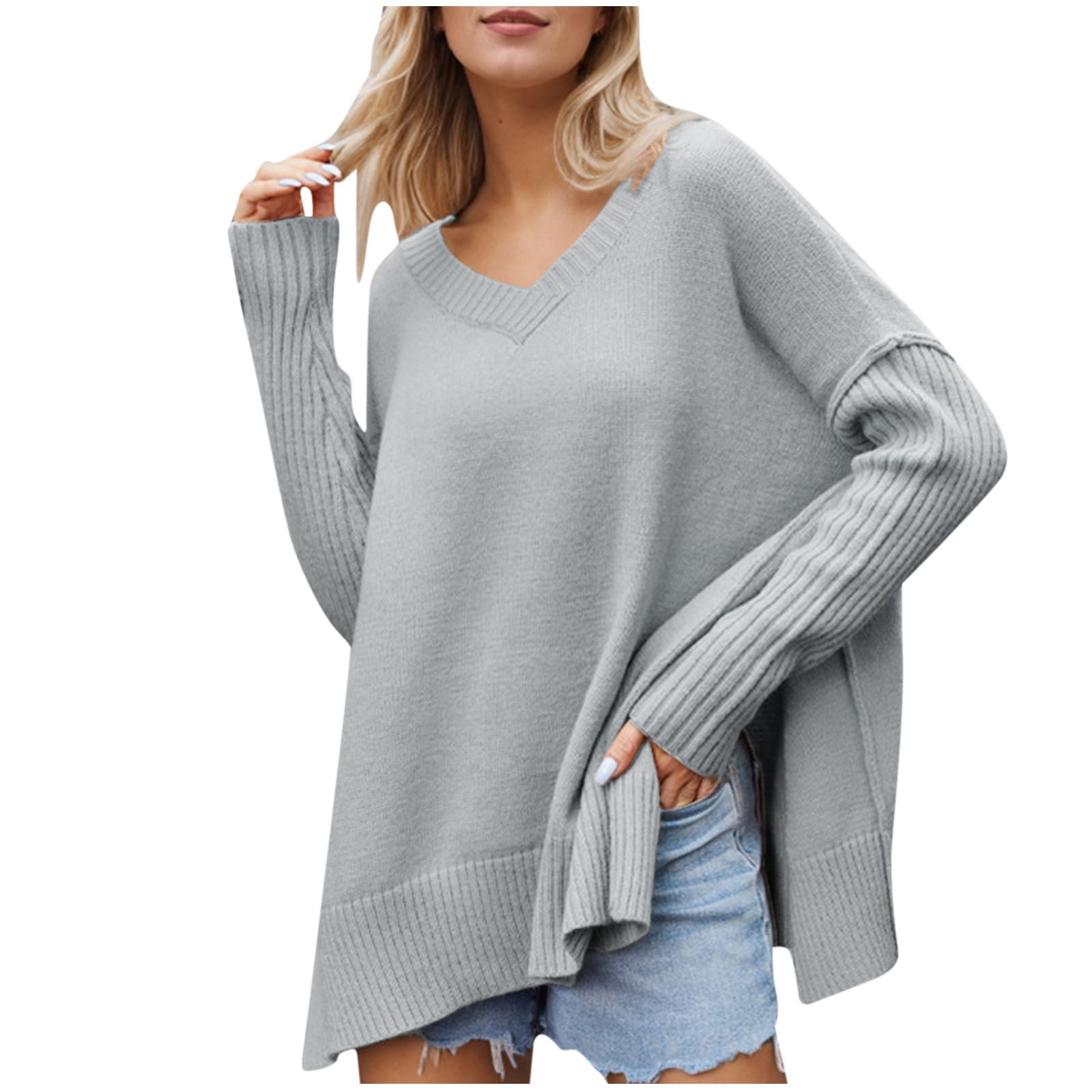 Gufahion Sweaters for Women Long Sleeve V Neck Oversized Knitted Sweaters Side Slit Pullover Womens Tops Fall Fashion Clothing, Gifts for Women