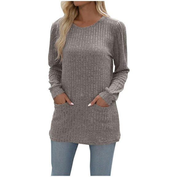 Gufahion Sweaters for Women Puff Long Sleeve Shirts Crewneck Pullover Tunic Tops with Pockets Women Fall Clothes Winter Fashion Clothing
