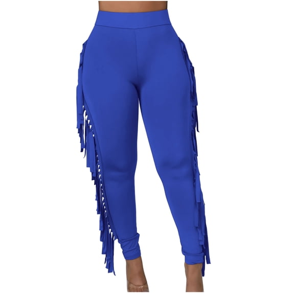 Amkhujs Woman's Full Length Pants Sizes 4-12 Women's Tight Solid Color Fringed Bandage Trousers, Gifts for Friend, Blue
