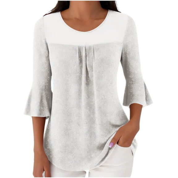 Gufahion Women's 3/4 Sleeve Tunic Tops Casual Dressy Blouses Crew Neck Mesh Flowy Pleated Sequin Summer Outfits