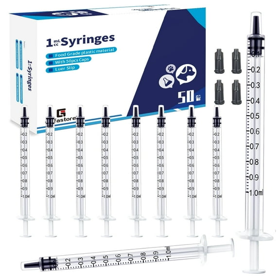 Gufastore 50 Pack 1ml Plastic Syringe for Scientific Labs, Measuring Liquids, Feeding Pets, Oil or Glue Applicator