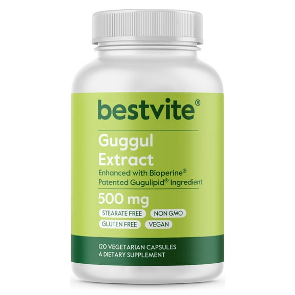 Guggul Extract 500mg (Gugulipid) (120 Vegetarian Capsules)-Backed by Clinical Research, Patented and Standardized, Enhanced by Bioperine-No Fillers-No Stearate-Vegan-Non GMO-Gluten Free
