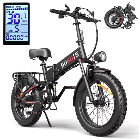 GugoIs 1500W Peak Electric Bike for Adut, 20" x 4.0 Fat Tire Electric Mountain Bike, 48V 20Ah Battery Folding Ebike, Commuter E-Bicycles with Rear Rack, Lockable Suspension Fork, off-road UL2849