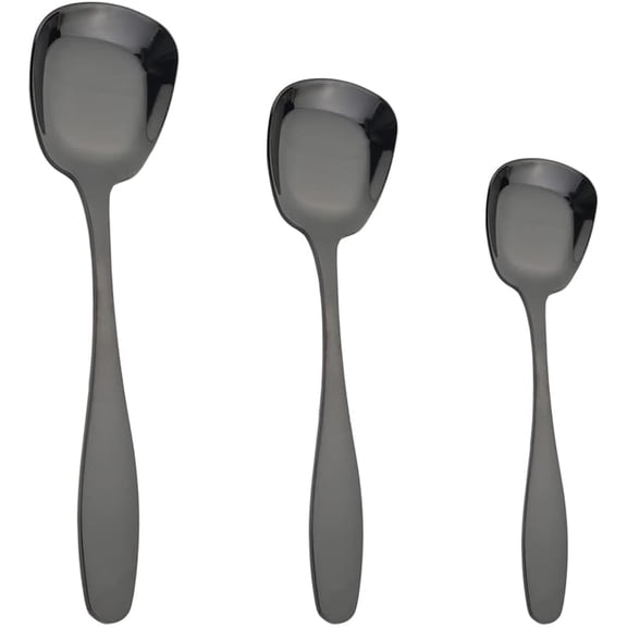 3Pcs/Set Square Spoon Stainless Steel Flat Bottom Spoons Large Medium Small Salad Cutlery Dessert Scoops Soup Dinnerware (3pcs/set S M L) Mirror Black