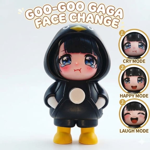 Gugugaga Penguin Costume PVC Figure with 3 Interchangeable Face Expressions, Anime Character Collectible Statue, Desktop Display Ornament, Gift for Figure Collectors