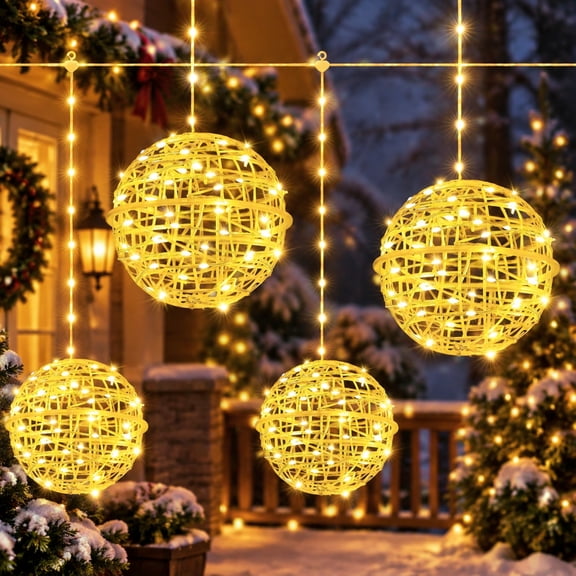 Guhope Christmas Lights 200 LED Sphere Outdoor Lights 4Pack, 7.87in Plug-in Fairy Lights with Remote, IP67 Waterproof & Connectable Ball Light for Indoor, Outdoor Tree, Patio, Warm White
