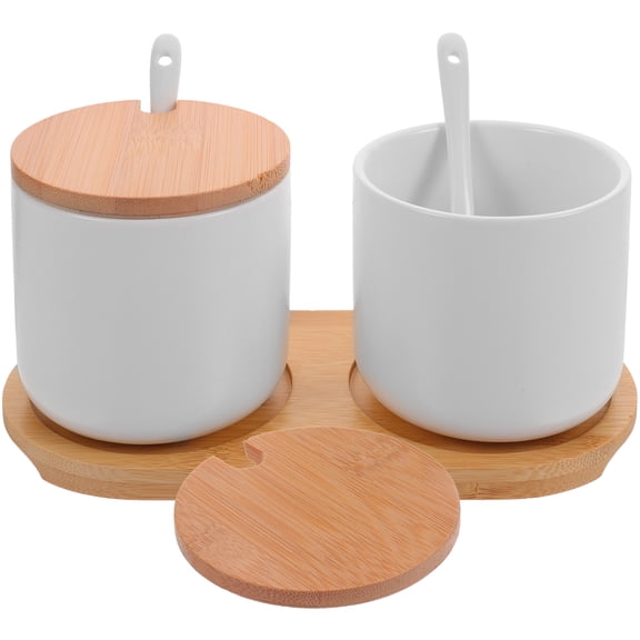 WRITWAA Ceramic and Bamboo Spice Containers Set with Air-tight Lids for Chefs and Family Use