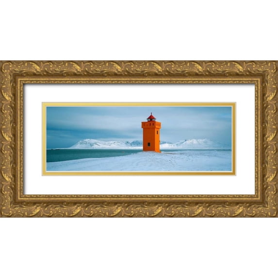 Guichard, Jean 24x11 Gold Ornate Wood Framed with Double Matting Museum Art Print Titled - Krossnes lighthouse Iceland