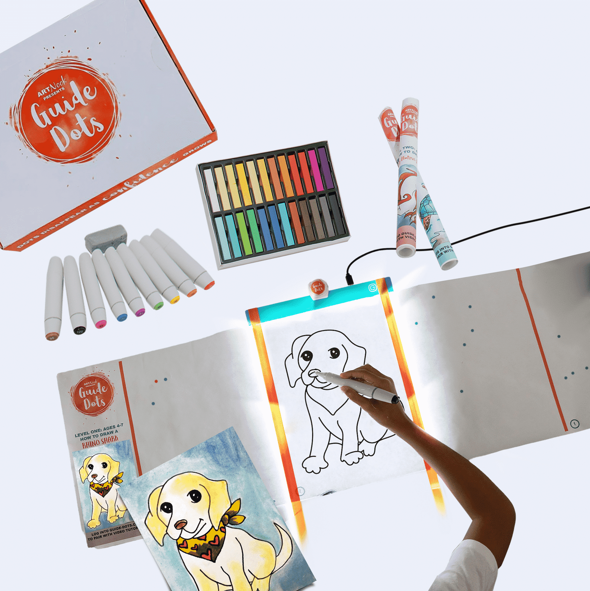 Kids Art Kit Ages 4–7 – Art Class in a Box w/Light Up Bright Board, Full Art Supplies Set & 2 Hours Teacher Guided Video Art Lessons – Creative Learning Activity for Boys & Girls, Homeschool, STEM