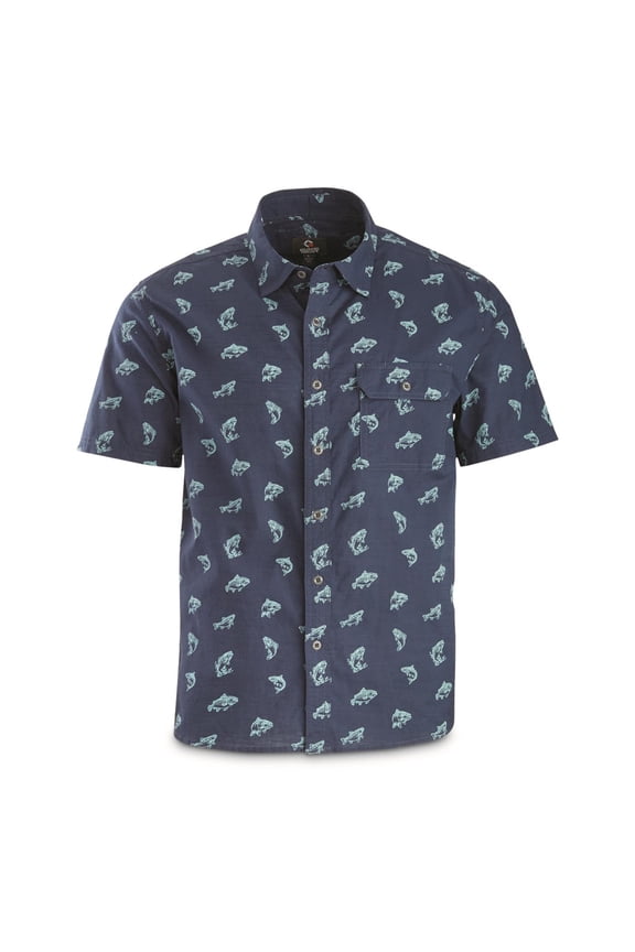 Men’s Trout & Salmon Short Sleeve Button Up Shirt Navy Trout & Salmon LARGE