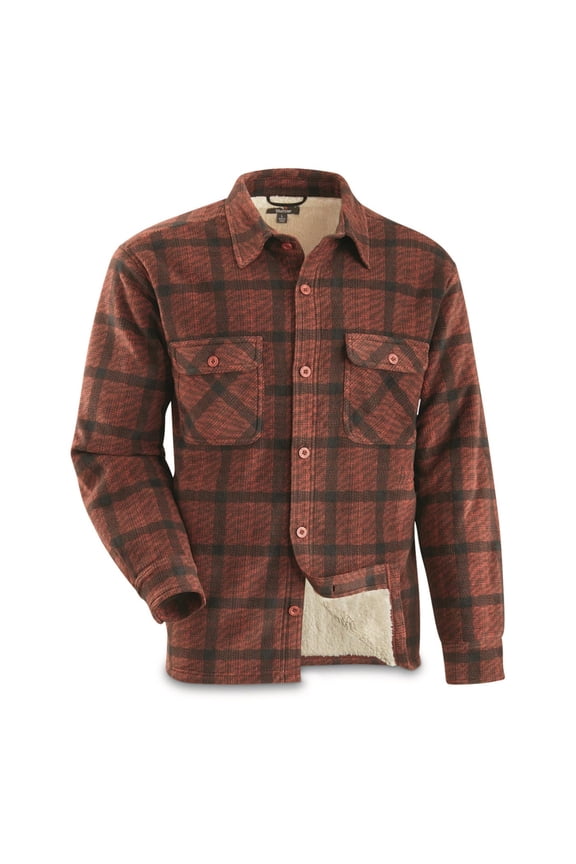 Plaid Sherpa Lined Fleece CPO Shirt Jacket Red Plaid L Tall