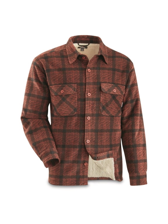 Plaid Sherpa Lined Fleece CPO Shirt Jacket Red Plaid LARGE