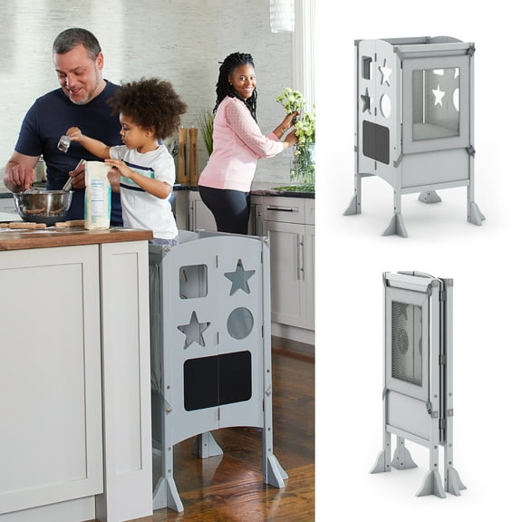 Guidecraft Classic Kitchen Helper Kids' Step Stool - Gray: Folding, Adjustable Learning Toddler Tower with 2 Keepers and Non-Slip Mat