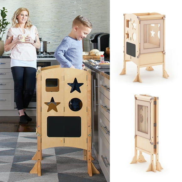 Guidecraft Classic Kitchen Helper Kids' Step Stool - Natural: Foldable and Adjustable Wooden Toddler Tower for Learning with Keeper