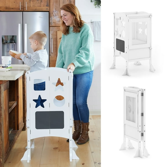 Guidecraft Classic Kitchen Helper Kids' Step Stool - White: Folding, Adjustable Kids Non-Slip Learning Toddler Tower with Safe Keepers