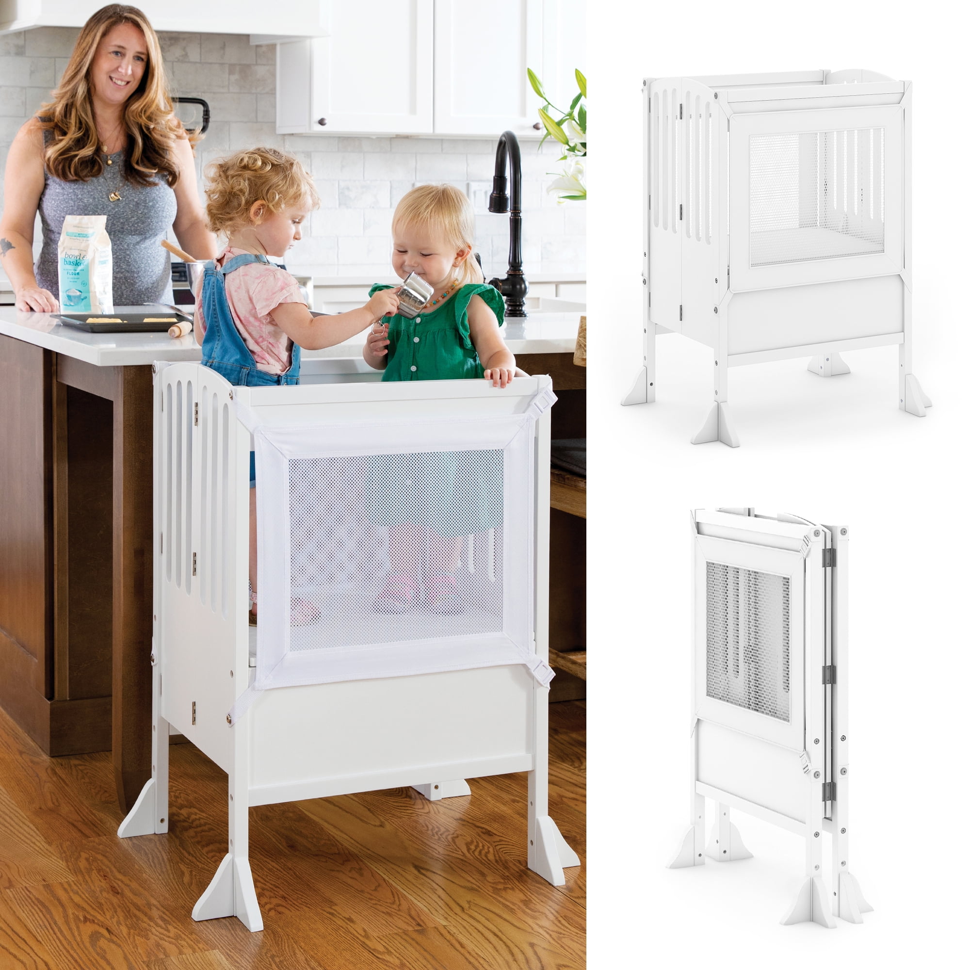White Foldable Wooden Double Kitchen Helper Step Stool