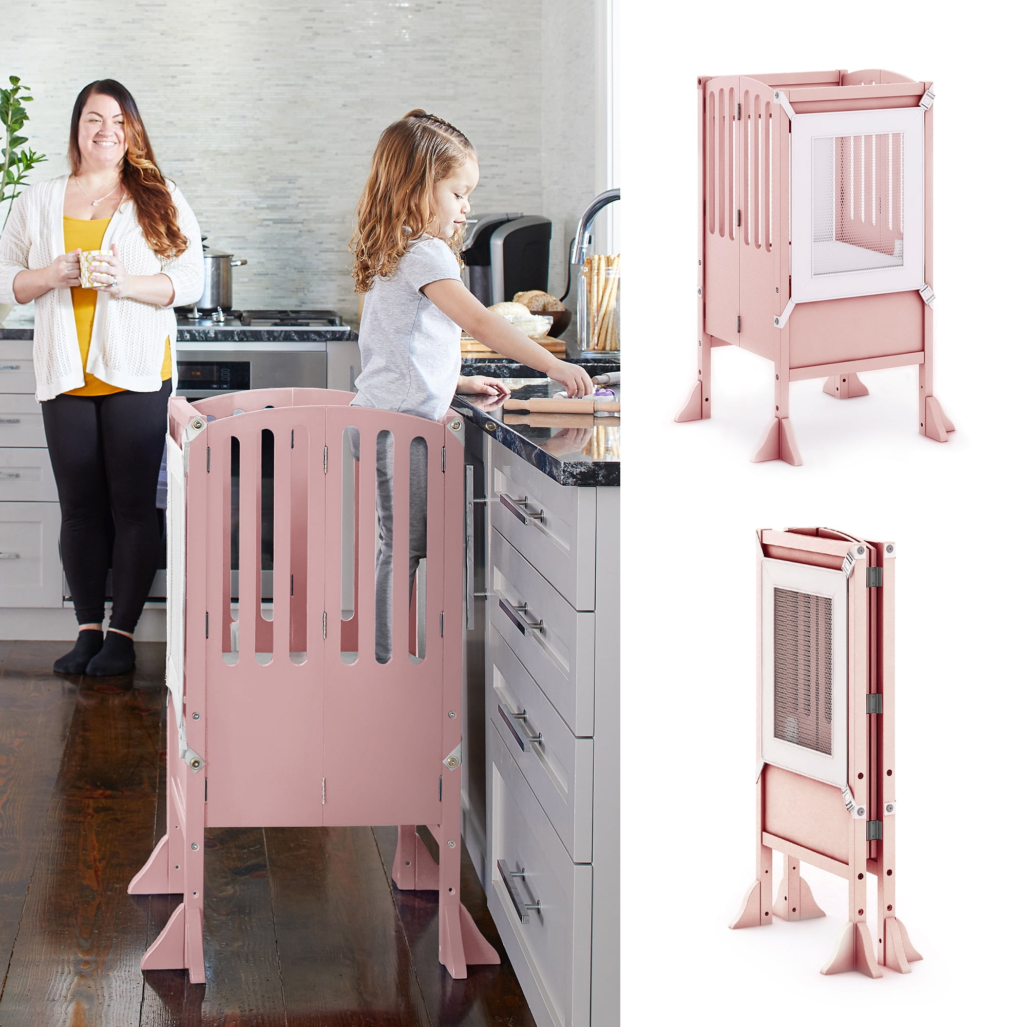 Pink Foldable Wooden Kitchen Helper Step Stool
