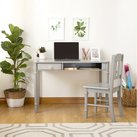 Guidecraft Dahlia Desk and Chair Set- Gray: Student Computer and Writing Desk, Kids Study table with Drawer and Storage Nook