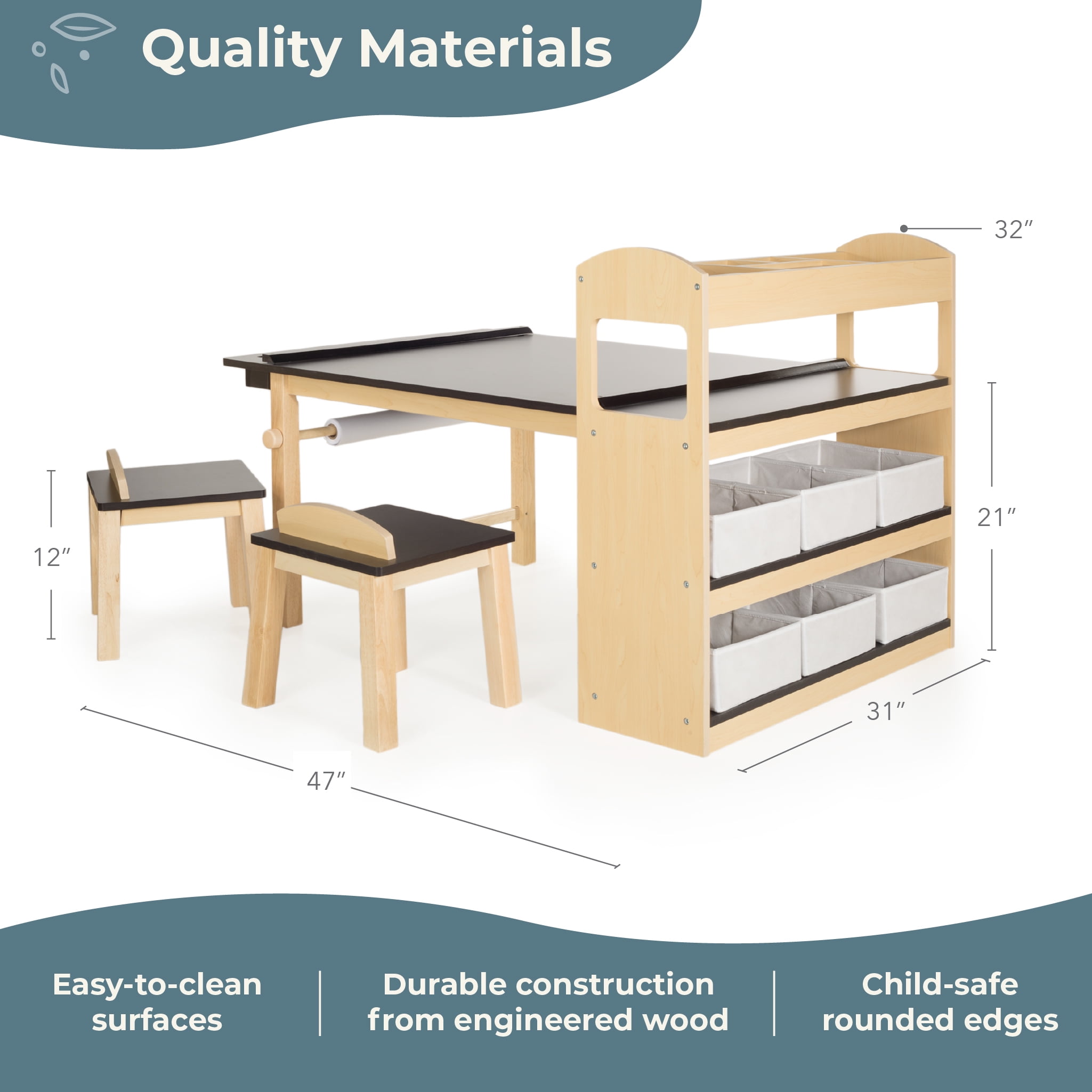Kids' Wooden Art Center with Storage and Stools