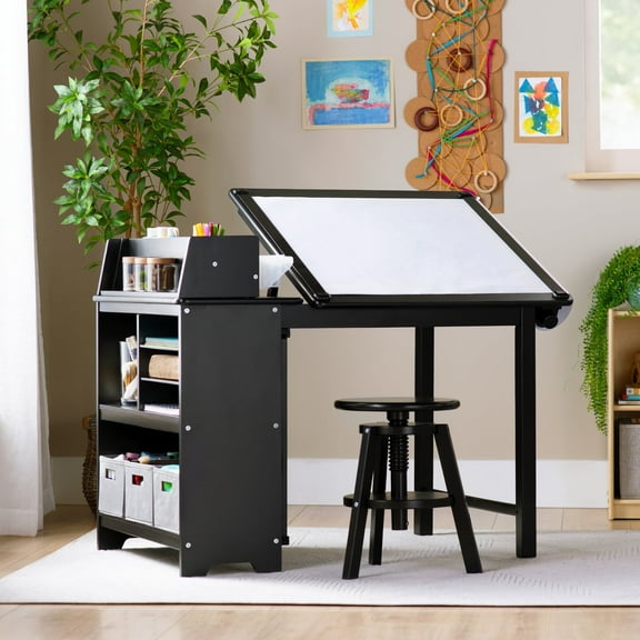 Guidecraft Design Studio – Black: 3-in-1 Kids Art Table & Stool Set, Writing, Crafting, Painting & Drafting Table for Kids with Craft Storage & Bins, Art Easel with Paper Roll, Toddler Activity Desk