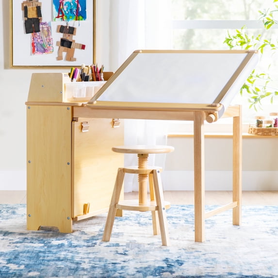 Guidecraft Design Studio – Natural: 3-in-1 Kids Art Table & Stool Set, Writing, Crafting, Painting & Drafting Table for Kids with Craft Storage & Bins, Art Easel w/ Paper Roll, Toddler Activity Desk
