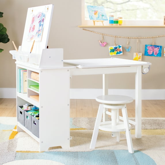 Guidecraft Design Studio – White: 3-in-1 Kids Art Table & Stool Set, Writing, Crafting, Painting & Drafting Table for Kids with Craft Storage & Bins, Art Easel with Paper Roll, Toddler Activity Desk