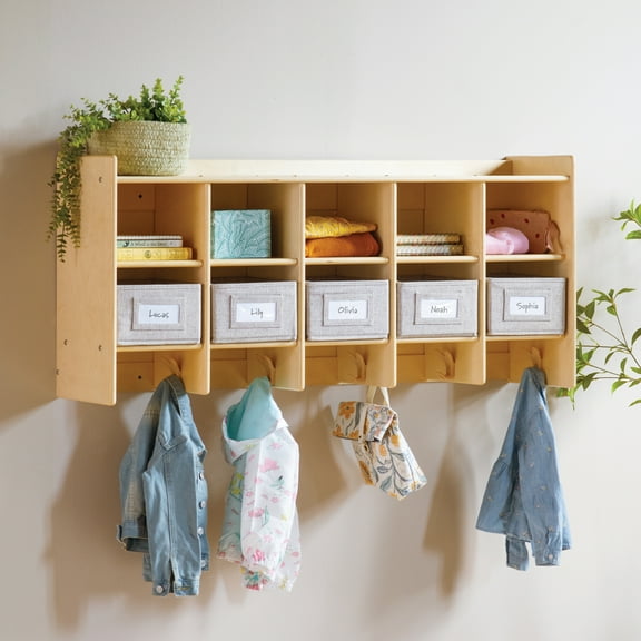 Guidecraft EdQ 10-Section Wall Mounted Locker, Kids Wooden Classroom Storage Locker with Divided Cubbies, Compartment Storage with Bins and Hooks for Playroom and Preschool