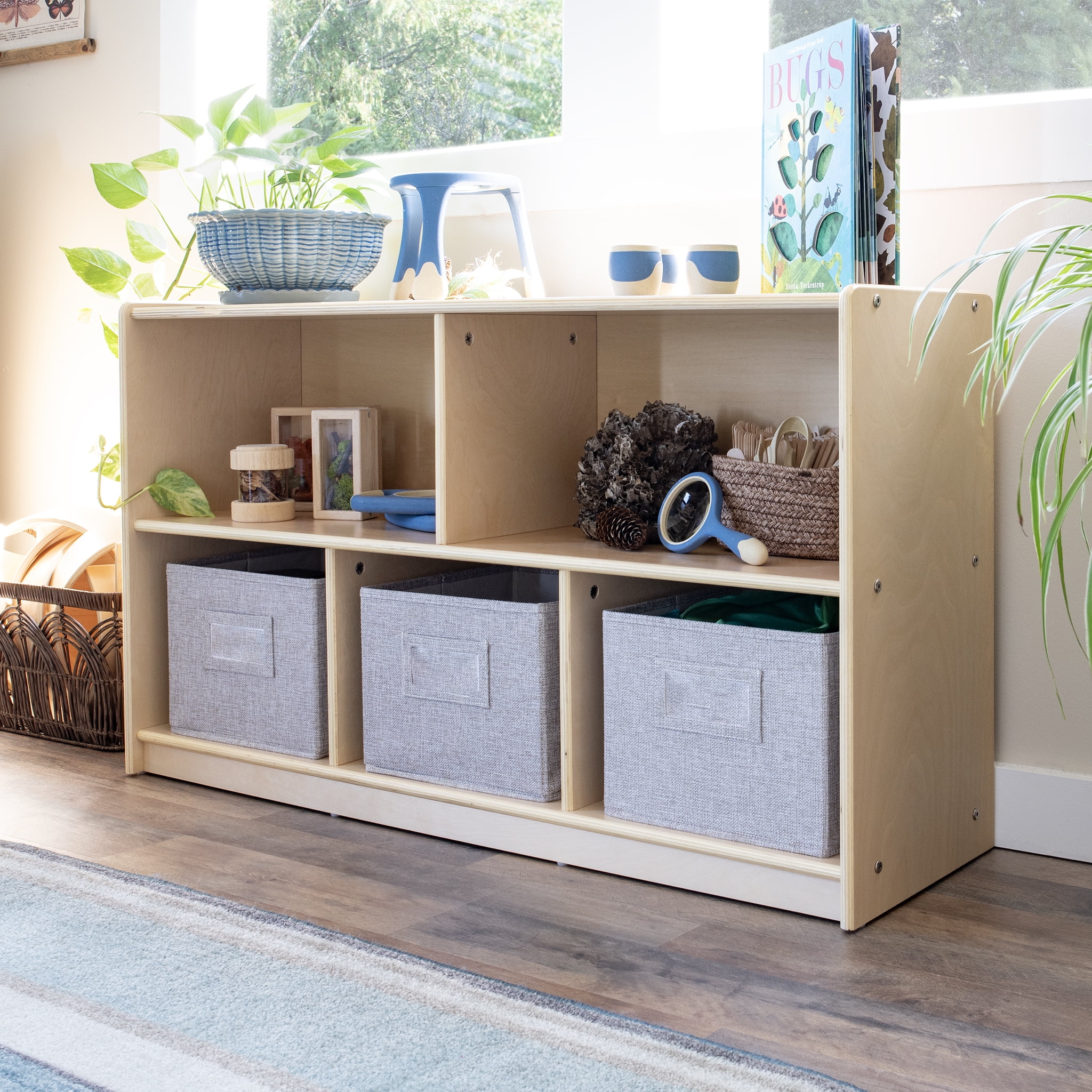 Natural Birch 2-Shelf Kids Storage Unit with Bins
