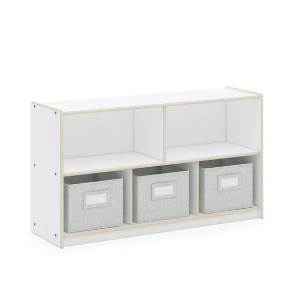 Guidecraft EdQ 2-Shelf 5-Compartment Storage 24" - White: Wooden Classroom and Playroom Bookshelf with Bins for Kids Toys and Books