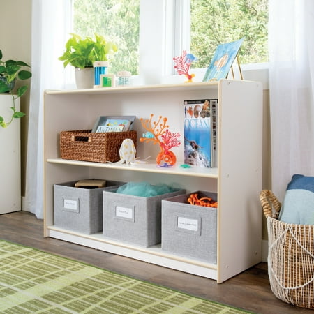 Guidecraft EdQ 2-Shelf Open Storage 30" - White: Kids' Low Wooden Bookshelf, Classroom and Playroom Furniture with Book and Toy Bins