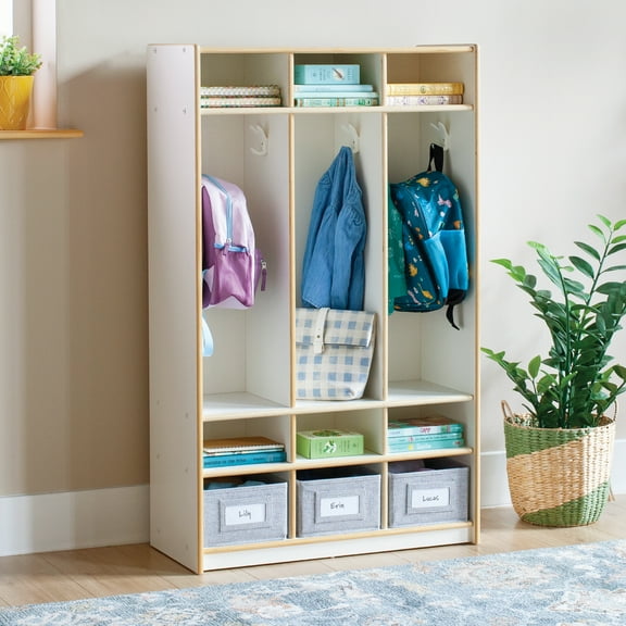 Guidecraft EdQ 3-Section Wooden Storage Locker for Classroom, Kids Cubby Organizer with Shelves and Hooks for Coats