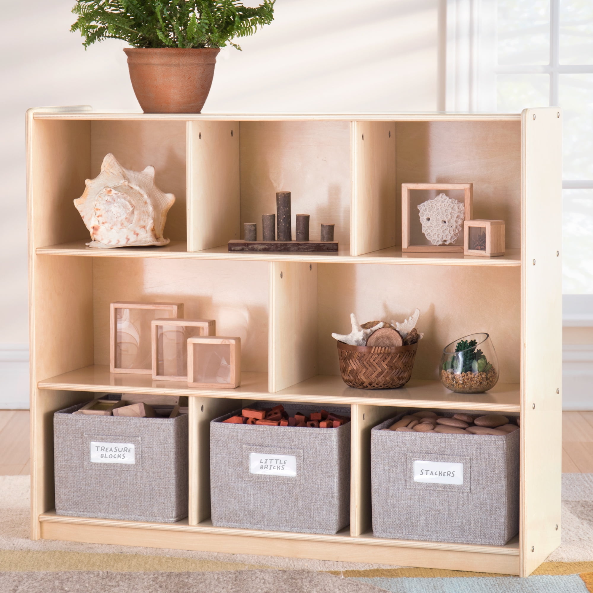 Natural Birch 3-Shelf Kids' Storage Unit with Fabric Bins