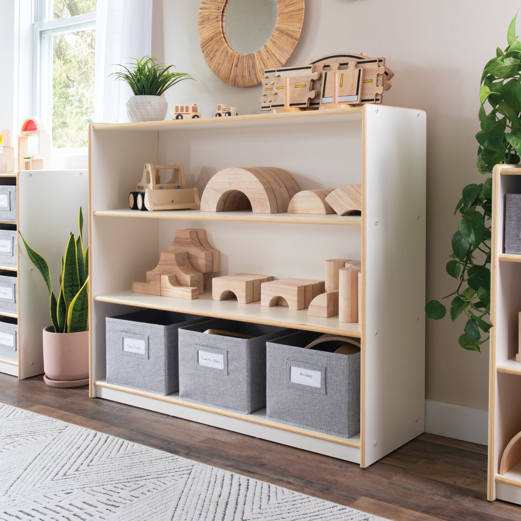 White Wooden 3-Shelf Kids' Storage Unit with Bins